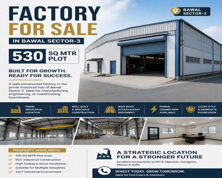  530 Sq. Meter Factory for Sale in Bawal, Rewari