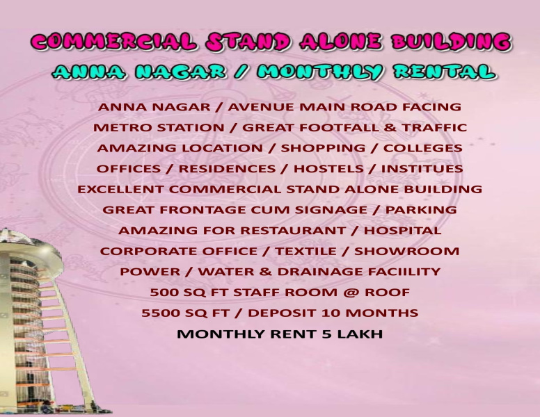  5500 Sq.ft. Hotels for Rent in Anna Nagar, Chennai