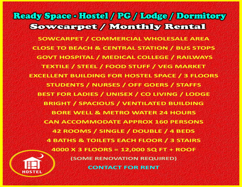  12000 Sq.ft. Guest House for Rent in Sowcarpet, Chennai