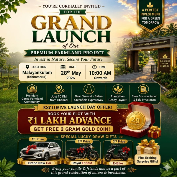  9600 Sq.ft. Agricultural/Farm Land for Sale in Salavakkam, Kanchipuram