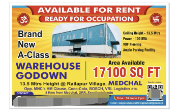  Warehouse for Rent in Medchal, Hyderabad