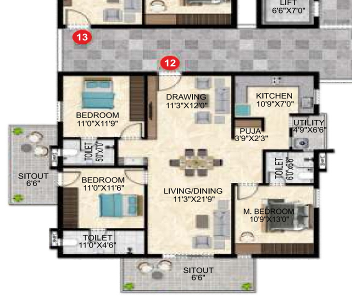 3 BHK 2050 Sq.ft. Apartment for Sale in Kollur, Hyderabad