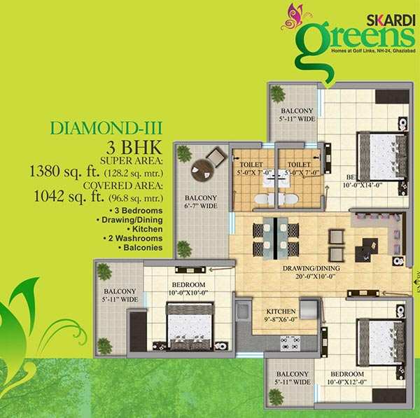 3 BHK Apartment 1380 Sq.ft. for Sale in NH 24 Highway, Ghaziabad